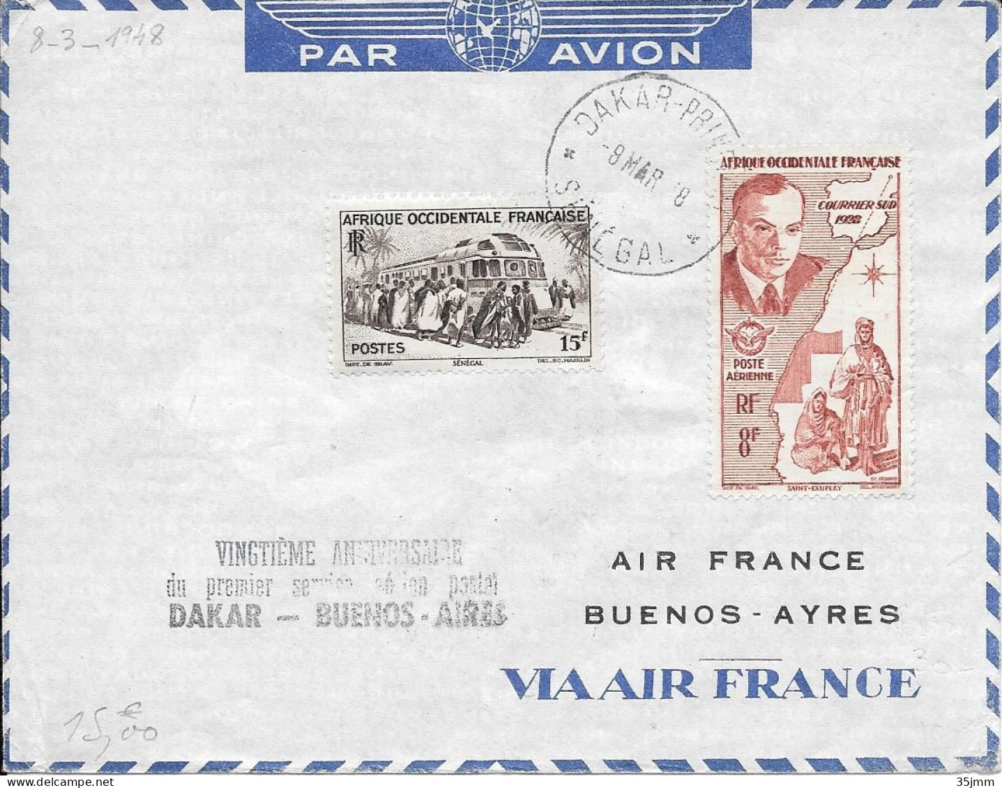 Sénégal Dakar Service Postal Dakar Bueno Aires  1948 - Aéreo