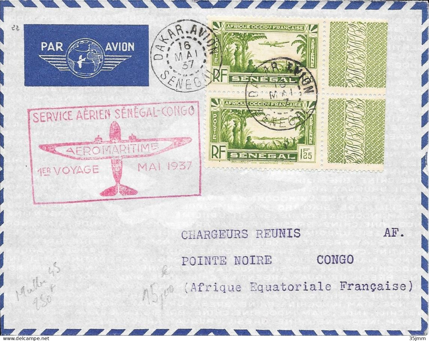 Sénégal Dakar Avion Service Aérien Sénégal Congo 1937 - Posta Aerea