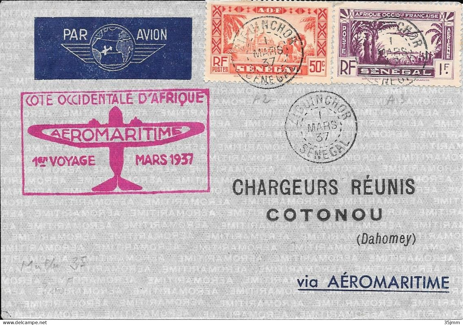 Sénégal Ziguinchor  Service Aérien Sénégal Dahomey 01/03/1937 - Luchtpost