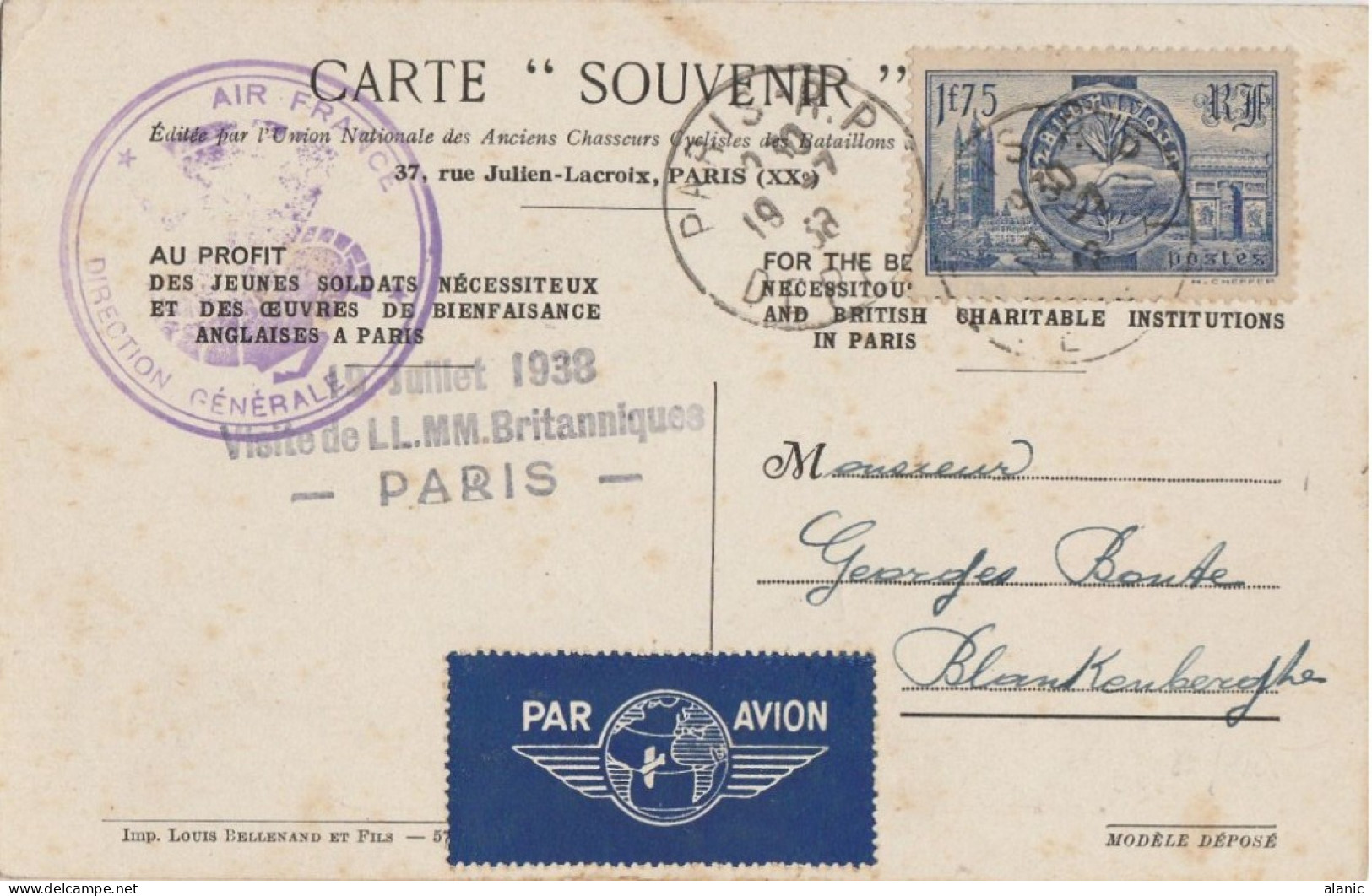 CARTE MAXIMUM  N°400 -VISITE DES SOUVERAINS BRITANIQUES CACHET ORD DE PARIS Circulée Pour La Belgique Par Avion - 1930-1939