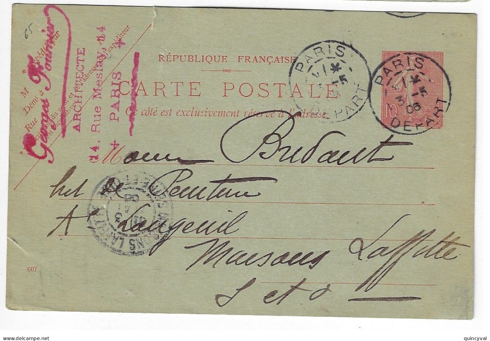 PARIS Carte Postale Entier 10c Semeuse Lignée Rose/vert Yv 129-CP1 Storch A1 Date 608 Exp Architecte Fournier Ob 1906 - Postales Tipos Y (antes De 1995)