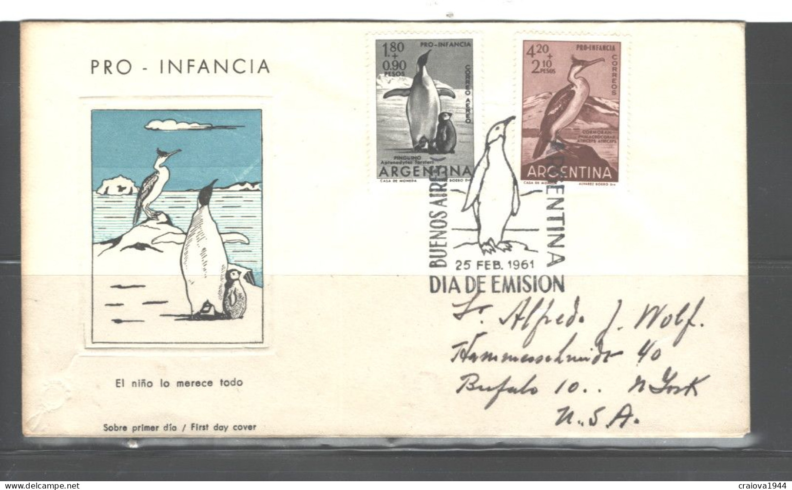 ARGENTINA 1961 "PRO-INFANCIA PENGUINS" #B30 & CB29 SHIPPED TO USA FDC - Brieven En Documenten