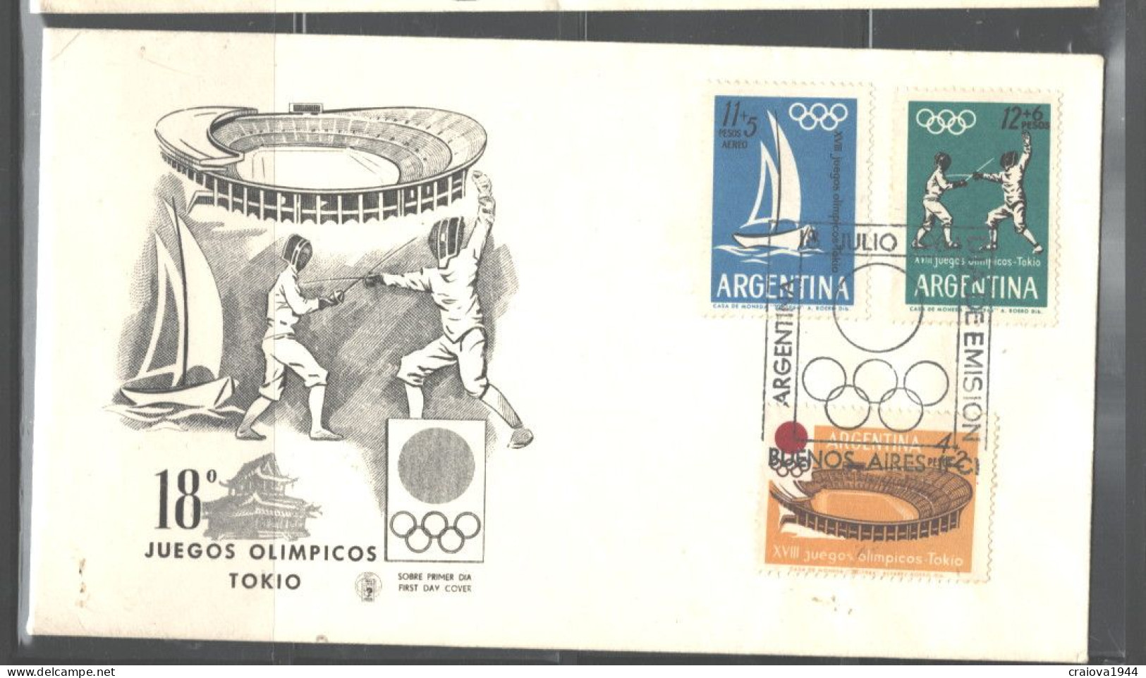 ARGENTINA 1964 "TOKYO OLYMPICS" #B45 & B46 SHIPPED TO USA, CERTIFICATE FDC - Covers & Documents