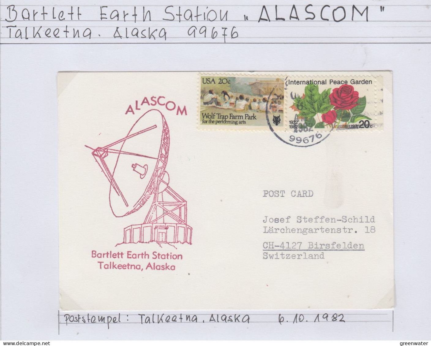 Alaska Talkeetna Bartlett Earth Station  RCA Alascom Cover Ca Talkeetna 6.10.1982 (BS174) - Forschungsstationen & Arctic Driftstationen