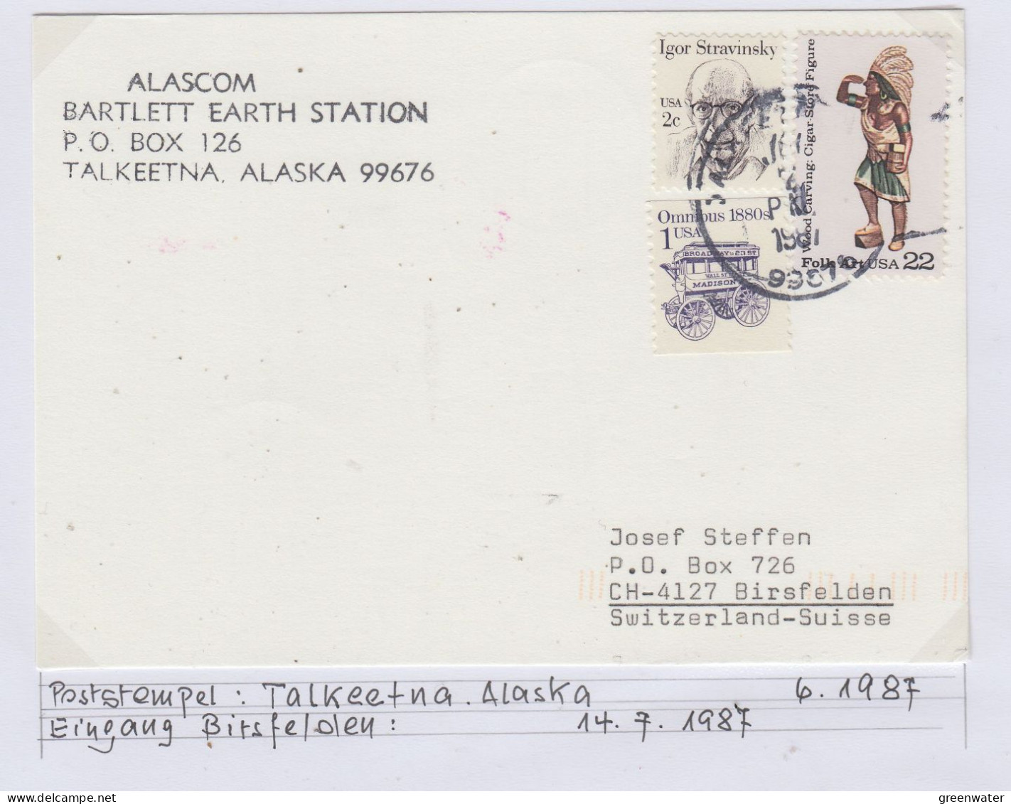 Alaska Talkeetna Bartlett Earth Station  RCA Alascom Cover Ca Talkeetna 6.1987 (BS174A) - Stations Scientifiques & Stations Dérivantes Arctiques