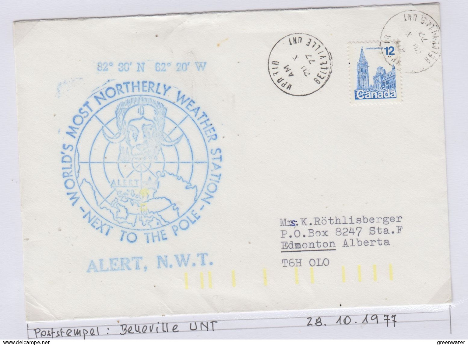 Canada 1977 Cover Ca Alert N.W.T.  Ca Belleville Unt 28.1.977 (BS175A) - Scientific Stations & Arctic Drifting Stations