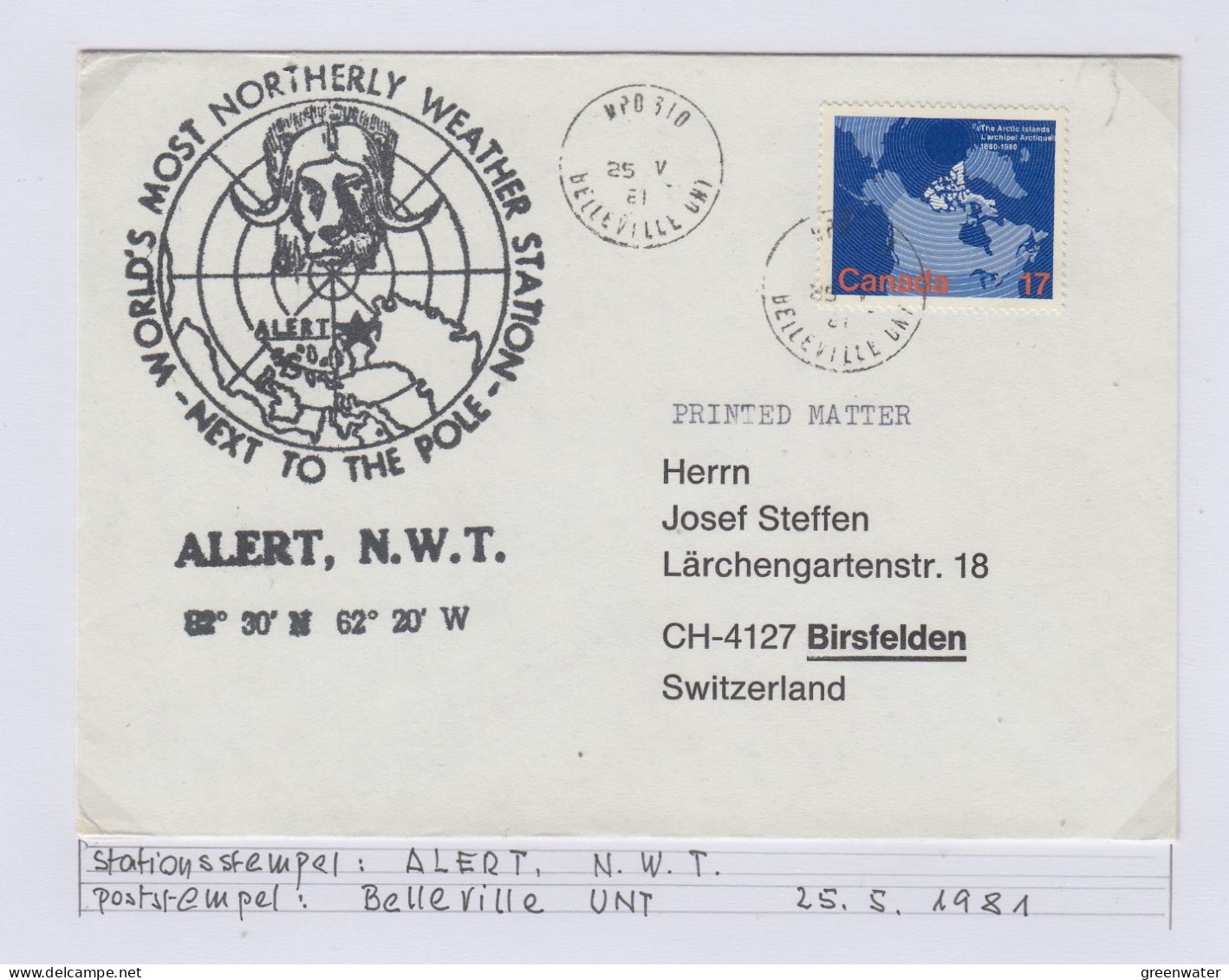 Canada 1981 Cover Ca Alert N.W.T.  Ca Belleville Unt 25.5.1981 (BS175B) - Forschungsstationen & Arctic Driftstationen