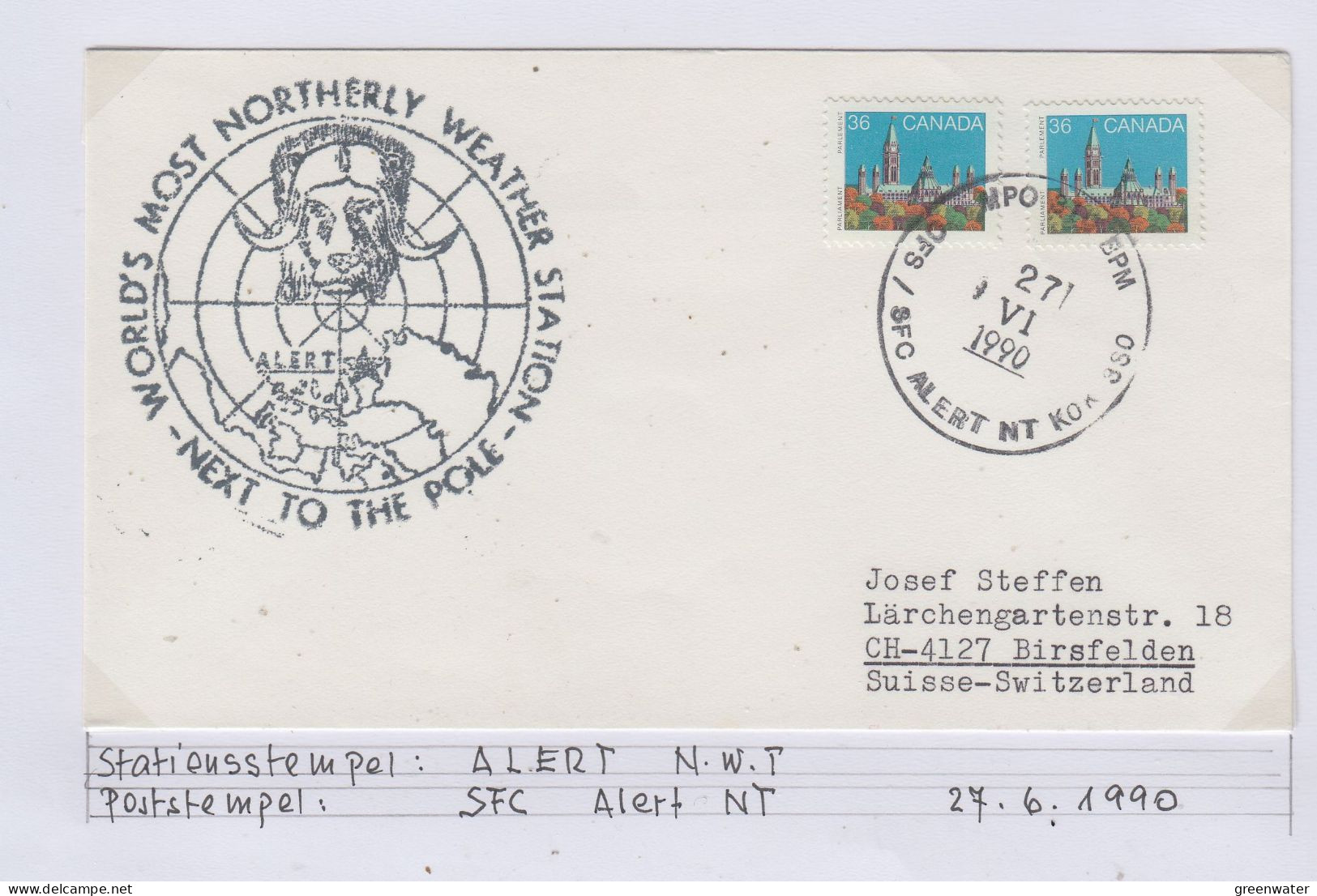 Canada 1990 Cover Ca Alert N.W.T.  Ca SFC Alert 27.6.1990 (BS175C) - Forschungsstationen & Arctic Driftstationen