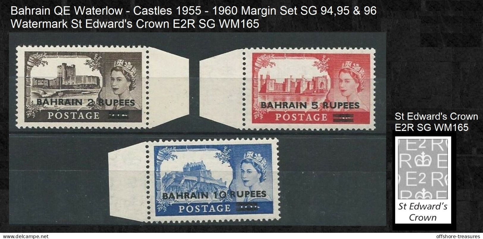 BAHRAIN POSTAGE 1955-1960 MNH QUEEN ELIZABETH MNH 2, 5 & 10 Rupees Margin Great Britain FULL SET Castle Stamps - Bahrain (...-1965)