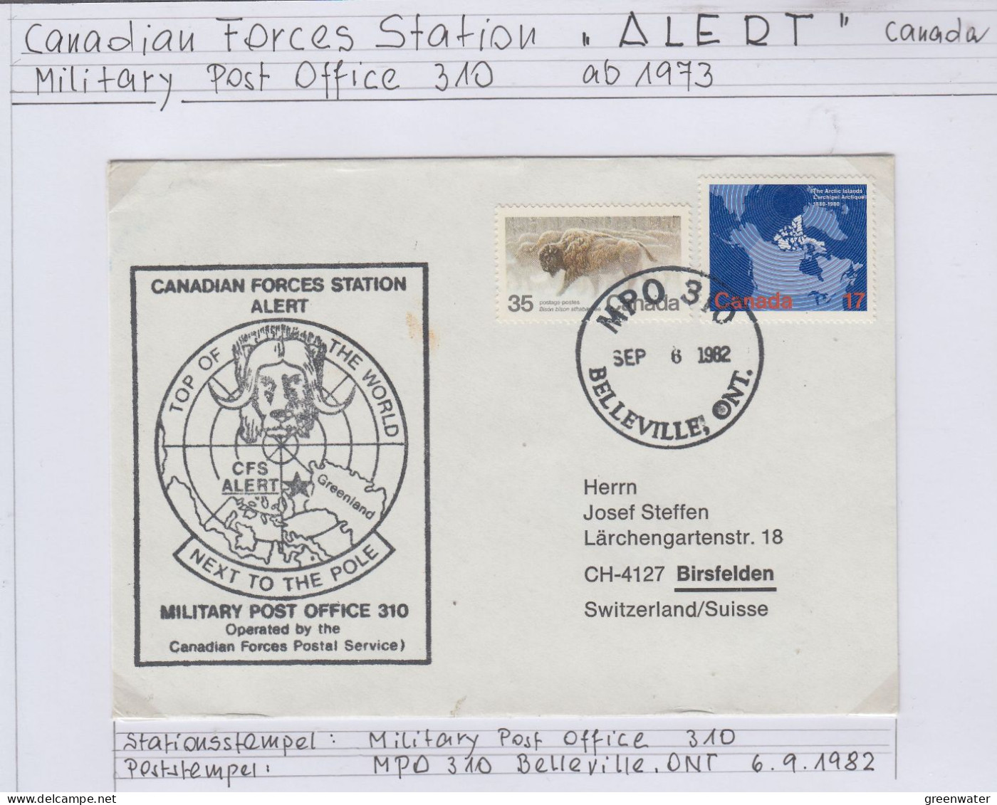 Canada Canada Forces Station Alert Military Post Office Ca Belleville SEP 6 1982 (BS176) - Forschungsstationen & Arctic Driftstationen