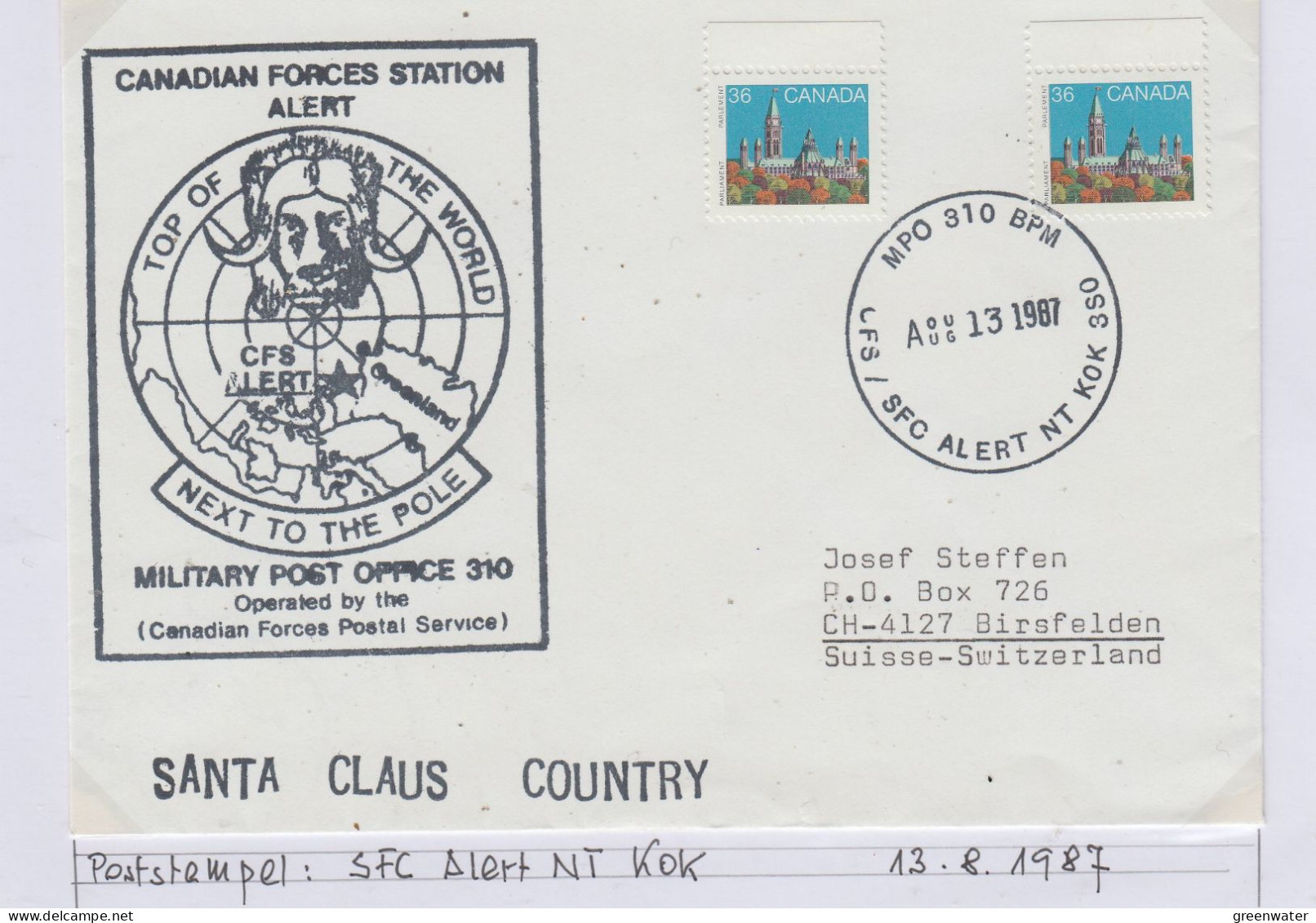 Canada Canada Forces Station Alert Military Post Office Ca SFC Alert  AUG 13 1987 (BS176A) - Scientific Stations & Arctic Drifting Stations