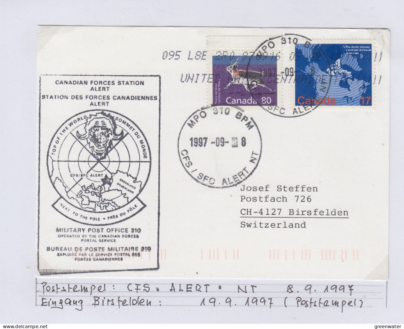 Canada Canada Forces Station Alert Military Post Office Ca SFC Alert  8 SEP 1997 (BS176B) - Forschungsstationen & Arctic Driftstationen