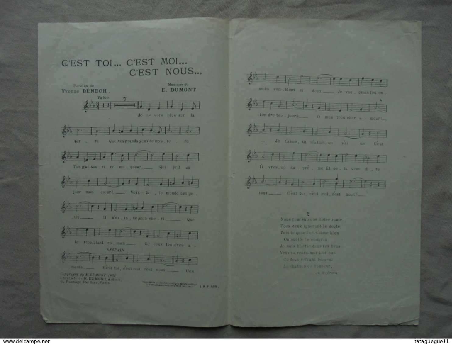 Ancien - Partition C'est Toi C'est Moi C'est Nous... Y. Benech/E. Dumont 1931 - Song Books