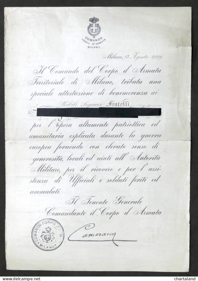 WWI - Comando Corpo D'Armata Di Milano - Attestato Di Benemerenza - 1919 - Documents