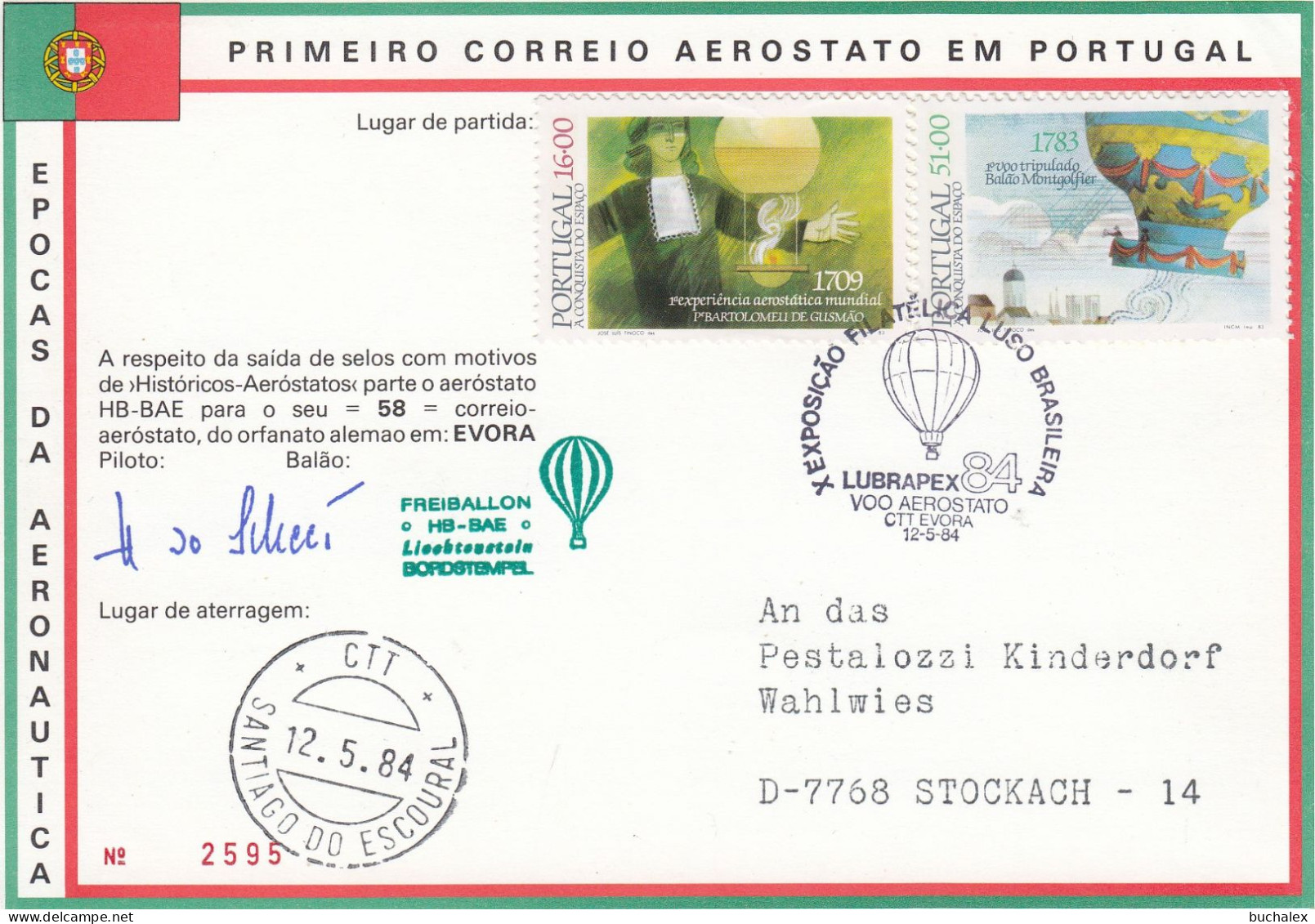 Deutsche Kinderdorf Ballonpost 1984 Von Evora  Nach San. Do Escoural Vom Piloten Signiert - Covers & Documents