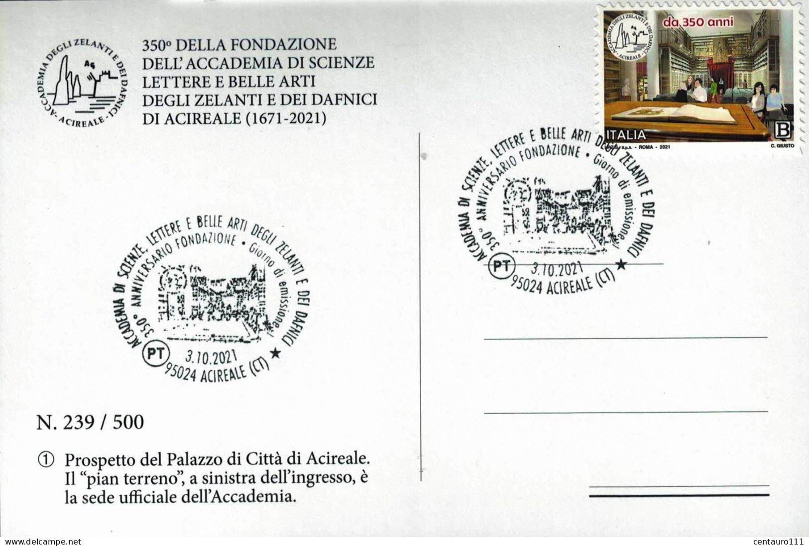 Acireale, Catania, Sicilia, Annullo Postale, Marcofilia, Fdc, Giorno Di Emissione,Biblioteca Degli Zelanti E Dei Dafnici - Acireale