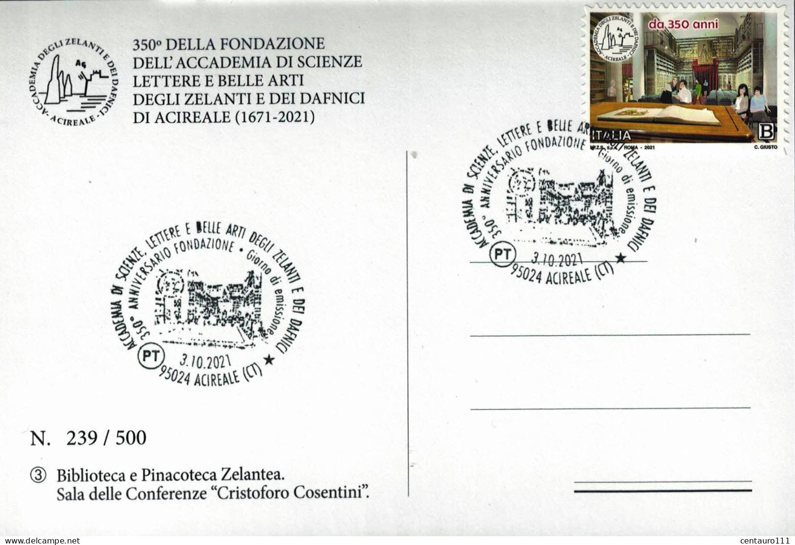 Acireale, Catania, Sicilia, Annullo Postale, Marcofilia, Fdc, Giorno di Emissione,Biblioteca degli Zelanti e dei Dafnici