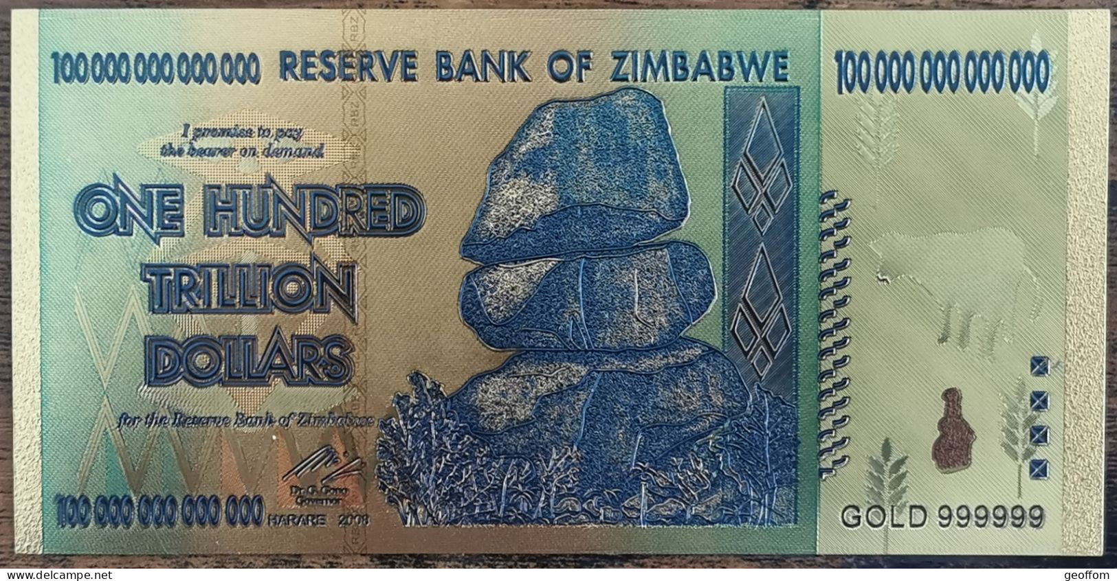 Billet 100 Trillion Dollars ZIMBABWE - Réplique Polymer Couleur Feuille D'or 24K - Zimbabwe