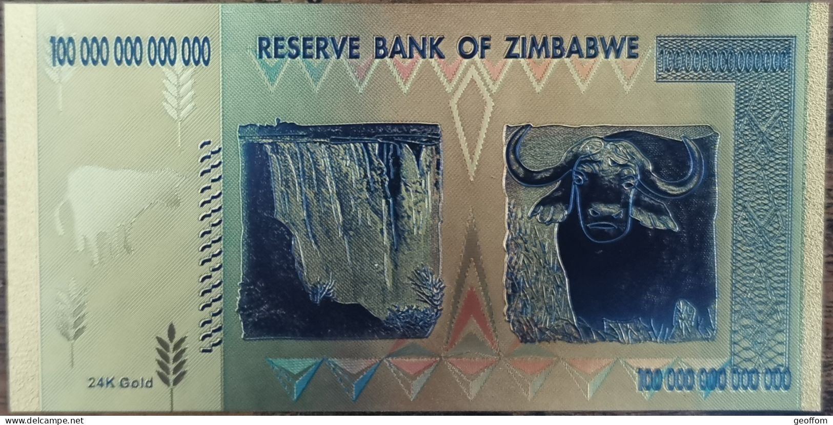 Billet 100 Trillion Dollars ZIMBABWE - Réplique Polymer Couleur Feuille D'or 24K - Zimbabwe