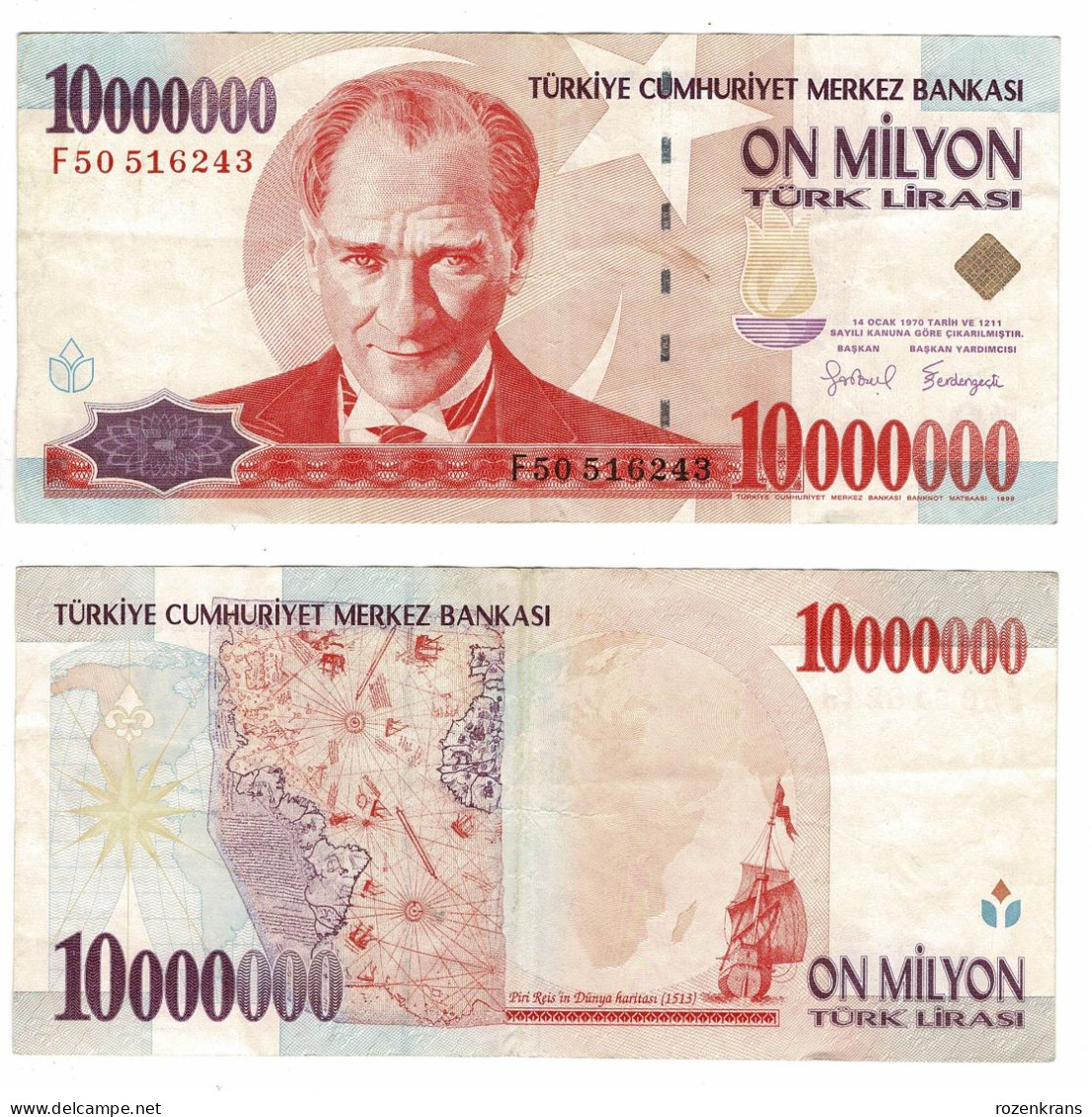 Bankbiljet Billet Banknote On Milyon Turk Lirasi 1000000 LIRA President Mustafa Kemal Atatürk 10 Million - Turquie