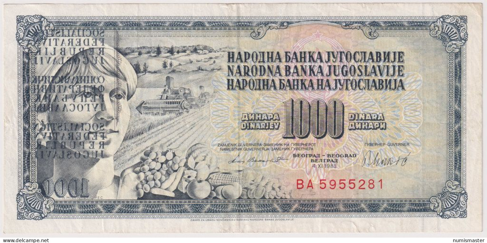 RARE YUGOSLAVIA ERROR 1000 DINARA 1981, PRINTING ERROR - Yougoslavie