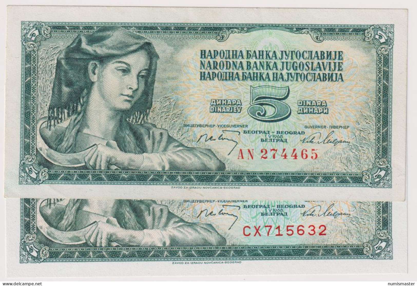 YUGOSLAVIA , 5 DINARA 1968. BOTH VARIANTS OF SERIAL NUMBER , UNC UNC - Yougoslavie