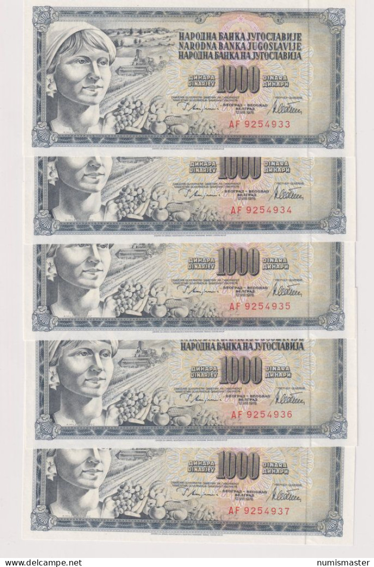 YUGOSLAVIA , 1000 DINARA 1978 , ERROR GUVERNE , 5 CONSECUTIV SERIAL NUMBER - Yougoslavie