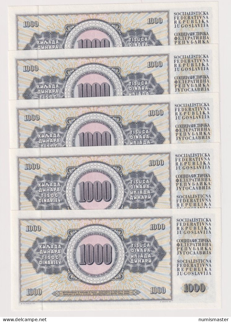 YUGOSLAVIA , 1000 DINARA 1978 , ERROR GUVERNE , 5 CONSECUTIV SERIAL NUMBER - Yougoslavie