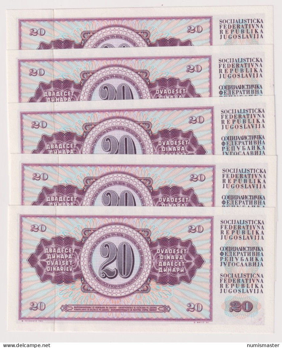 YUGOSLAVIA , 20 DINARA 1974  , 5 CONSECUTIV SERIAL NUMBER UNC - Yougoslavie