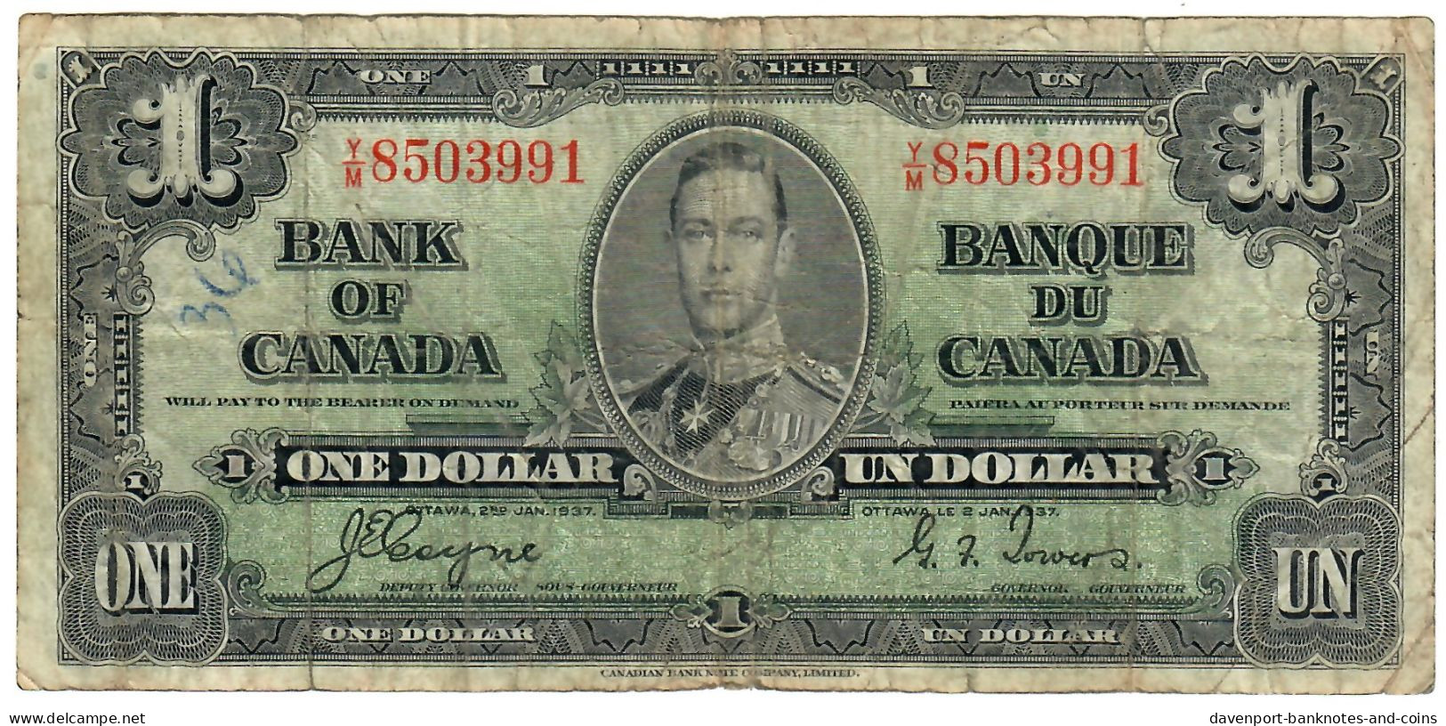 Canada 1 Dollar 1937 F "Y/M" Coyne-Towers - Kanada