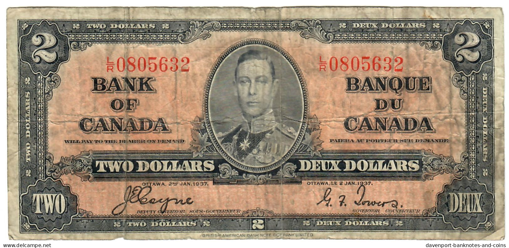 Canada 2 Dollars 1937 VG/F "L/R" Coyne-Towers - Kanada