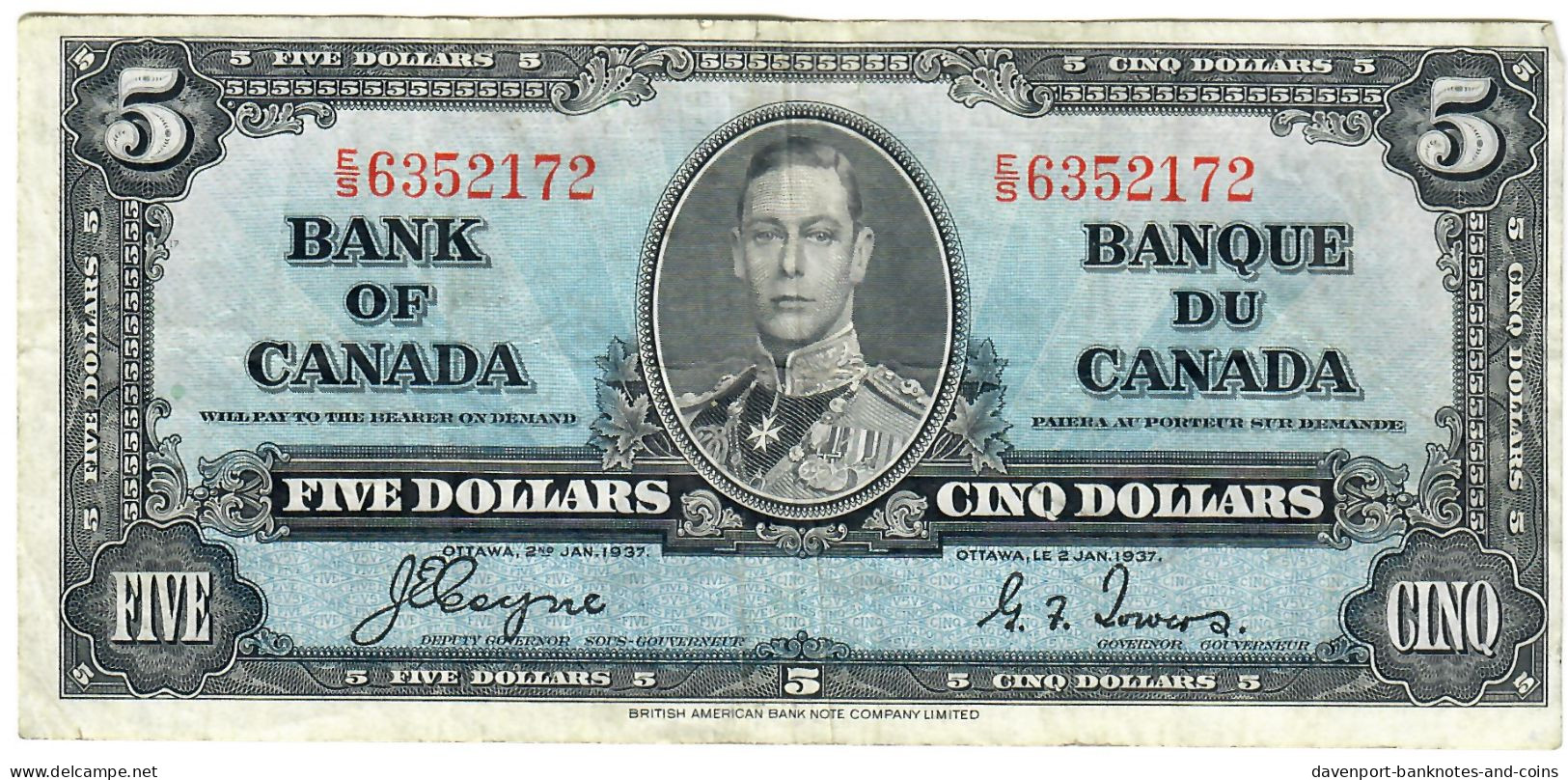 Canada 5 Dollars 1937 VF "E/S" Coyne-Towers - Kanada