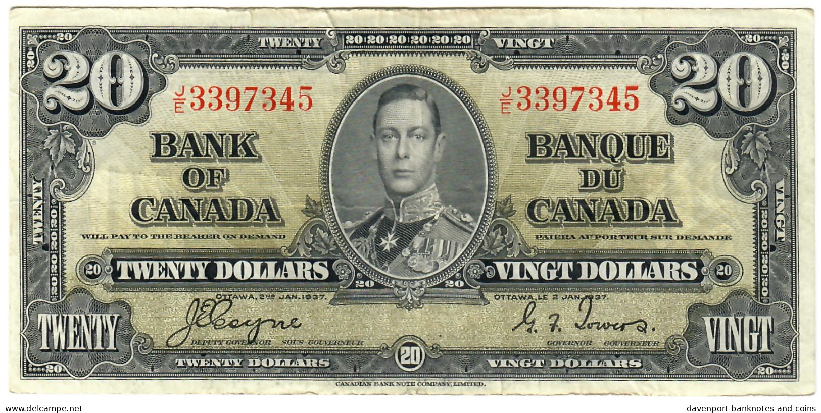 Canada 20 Dollars 1937 VF "J/E" Coyne-Towers - Kanada