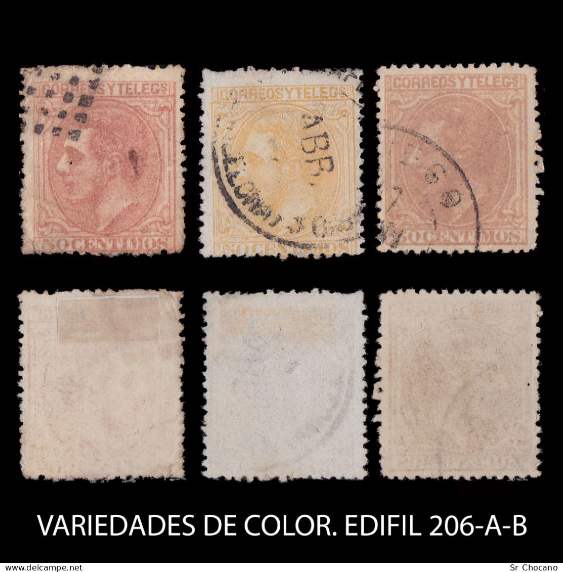 Variedades De Color.Alfonso XII.1879.50c.Edifil.206-206a-206b - Variétés & Curiosités