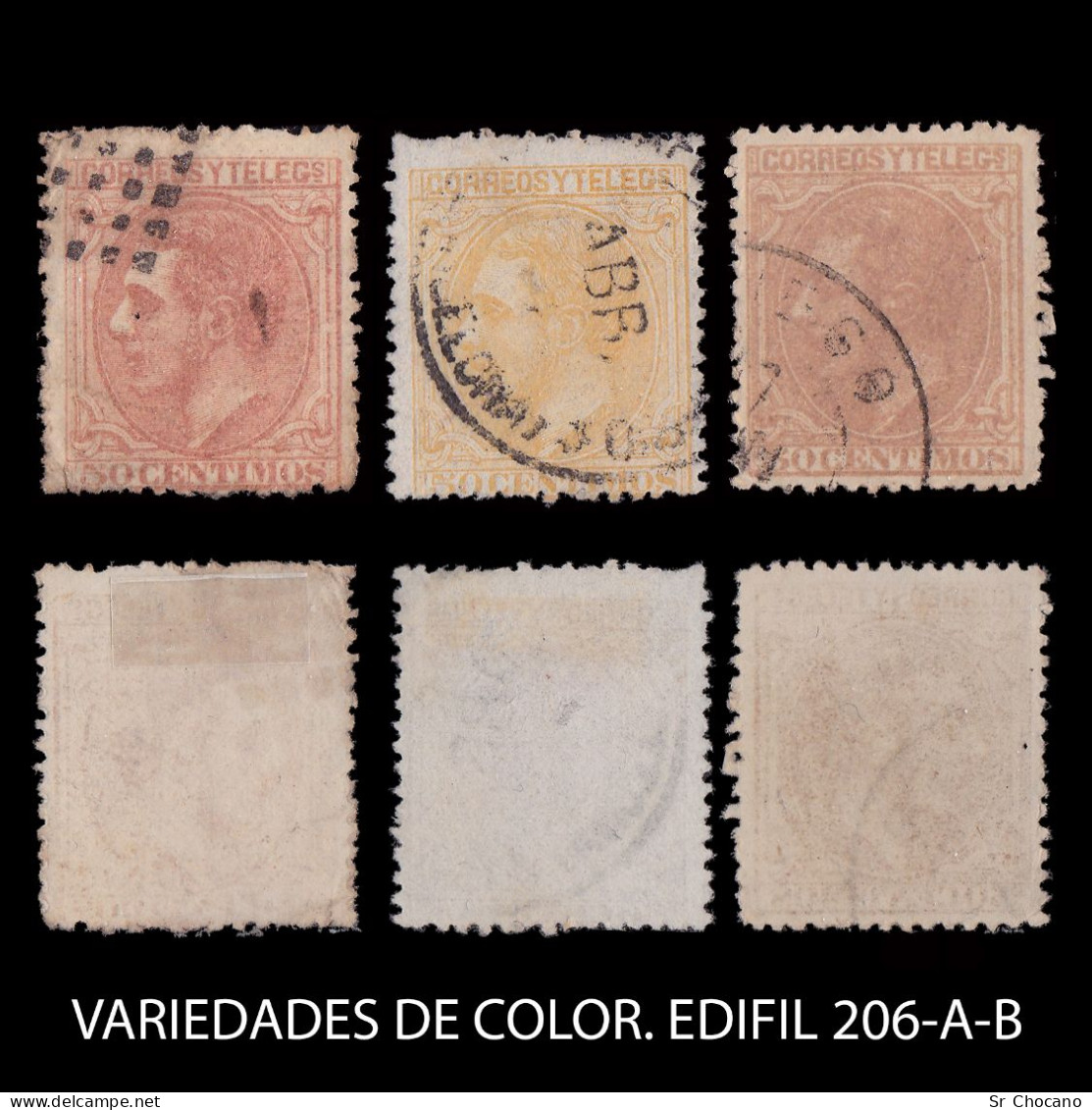 Variedades De Color.Alfonso XII.1879.50c.Edifil.206-206a-206b - Variedades & Curiosidades