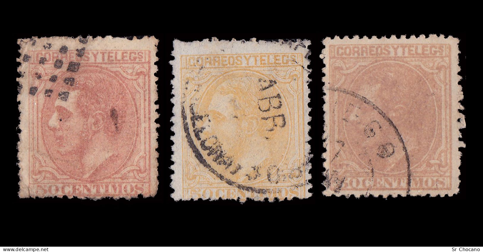 Variedades De Color.Alfonso XII.1879.50c.Edifil.206-206a-206b - Errors & Oddities