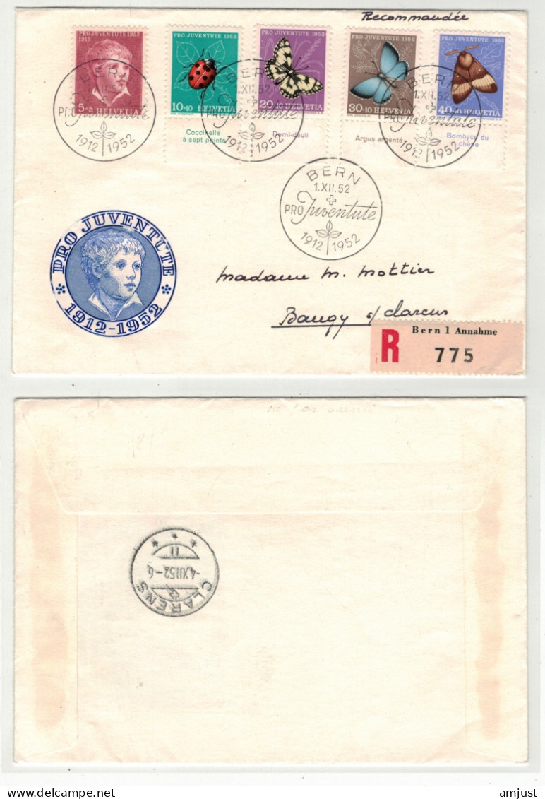 Suisse // Switzerland // Pro-Juventute  // 1952 // Lettre Pro-Juventute 1952 1er Jour  Recommandée Pour Baugy/Clarens - Lettres & Documents