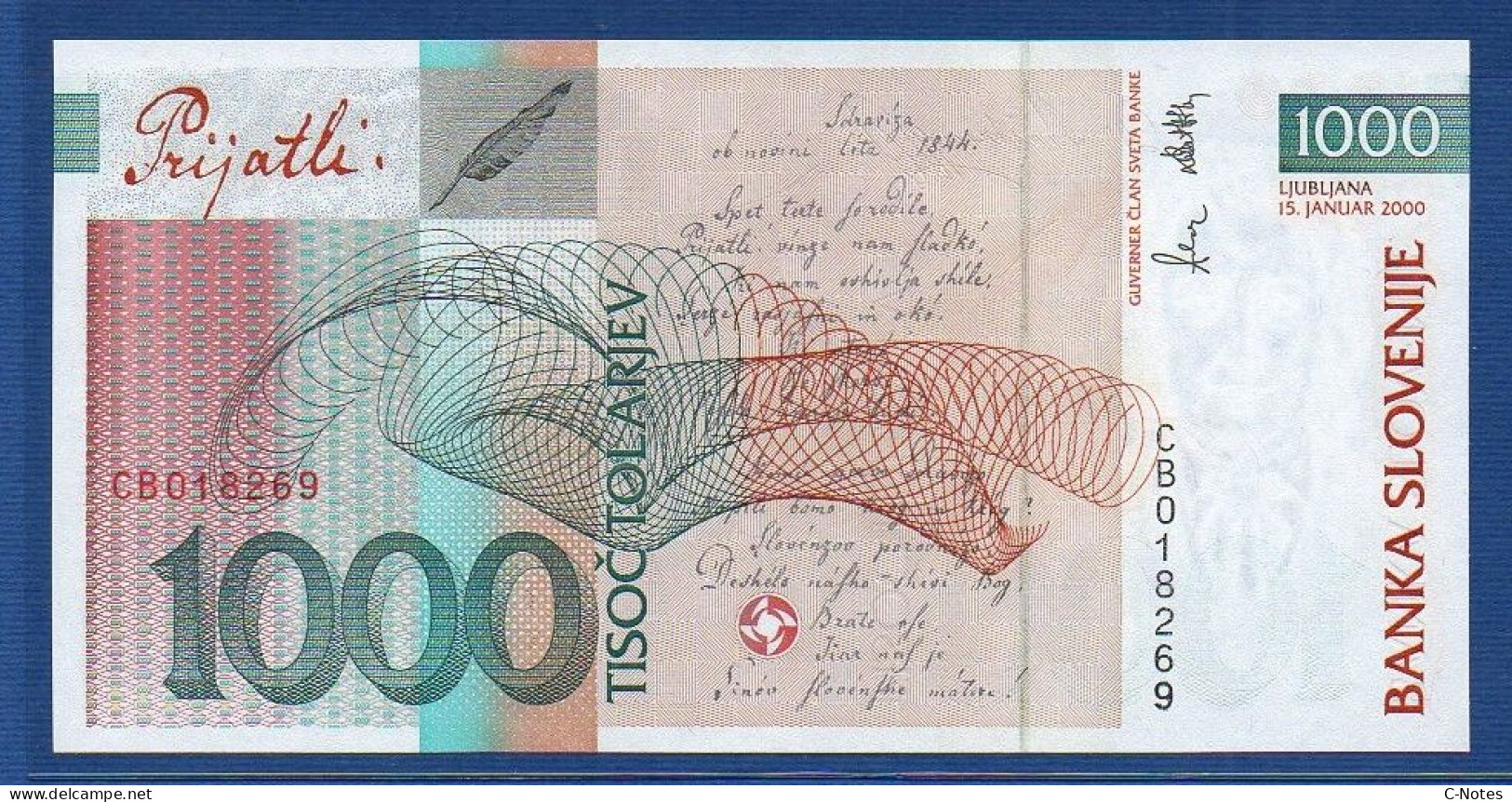 SLOVENIA - P.22 – 1000 Tolarjev 2000 UNC, S/n CB018269 - Slovenia
