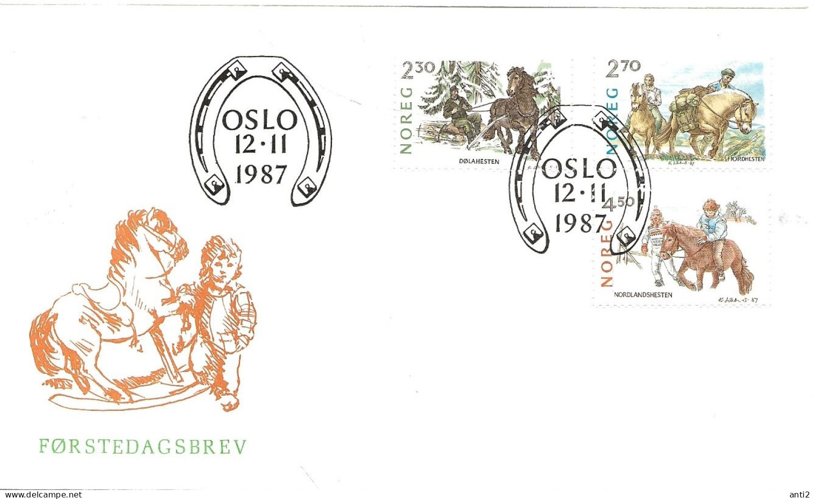 Norway Norge  1987 Norwegian Horse Breeds Mi 981-983  FDC - Brieven En Documenten