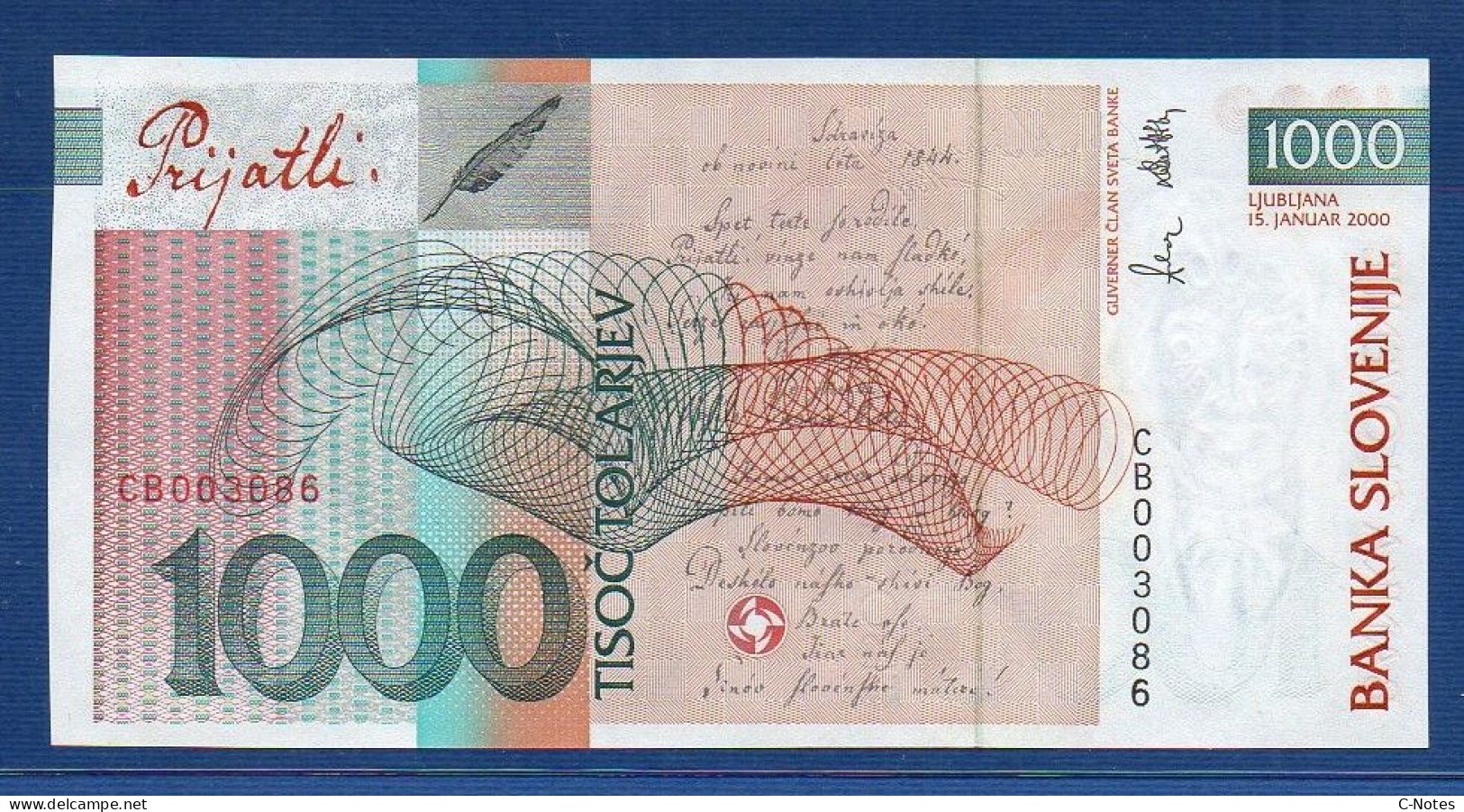 SLOVENIA - P.26 – 1000 Tolarjev 2001 UNC, S/n CB003086 "10th Anniversary Of Banka Slovenije" Commemorative Issue - Slovenia
