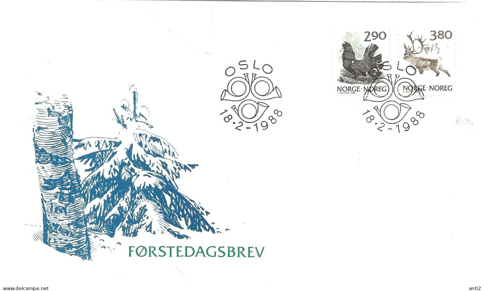 Norway 1988 Bird, Wood Groose Playing, Tiur, Auerhuhn, Reindeer,  Mi 986-987 FDC - Briefe U. Dokumente