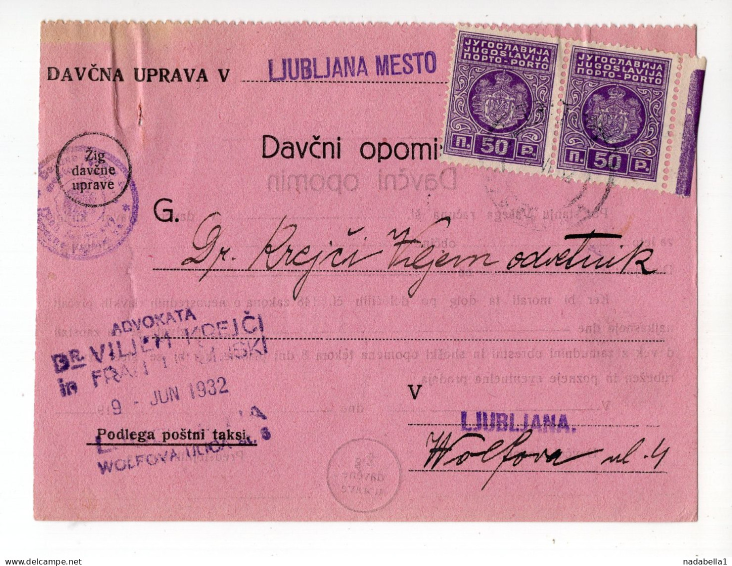 1932. KINGDOM OF YUGOSLAVIA,SLOVENIA,LJUBLJANA,TAX OFFICE PAYMENT REMINDER,POSTAGE DUE - Impuestos