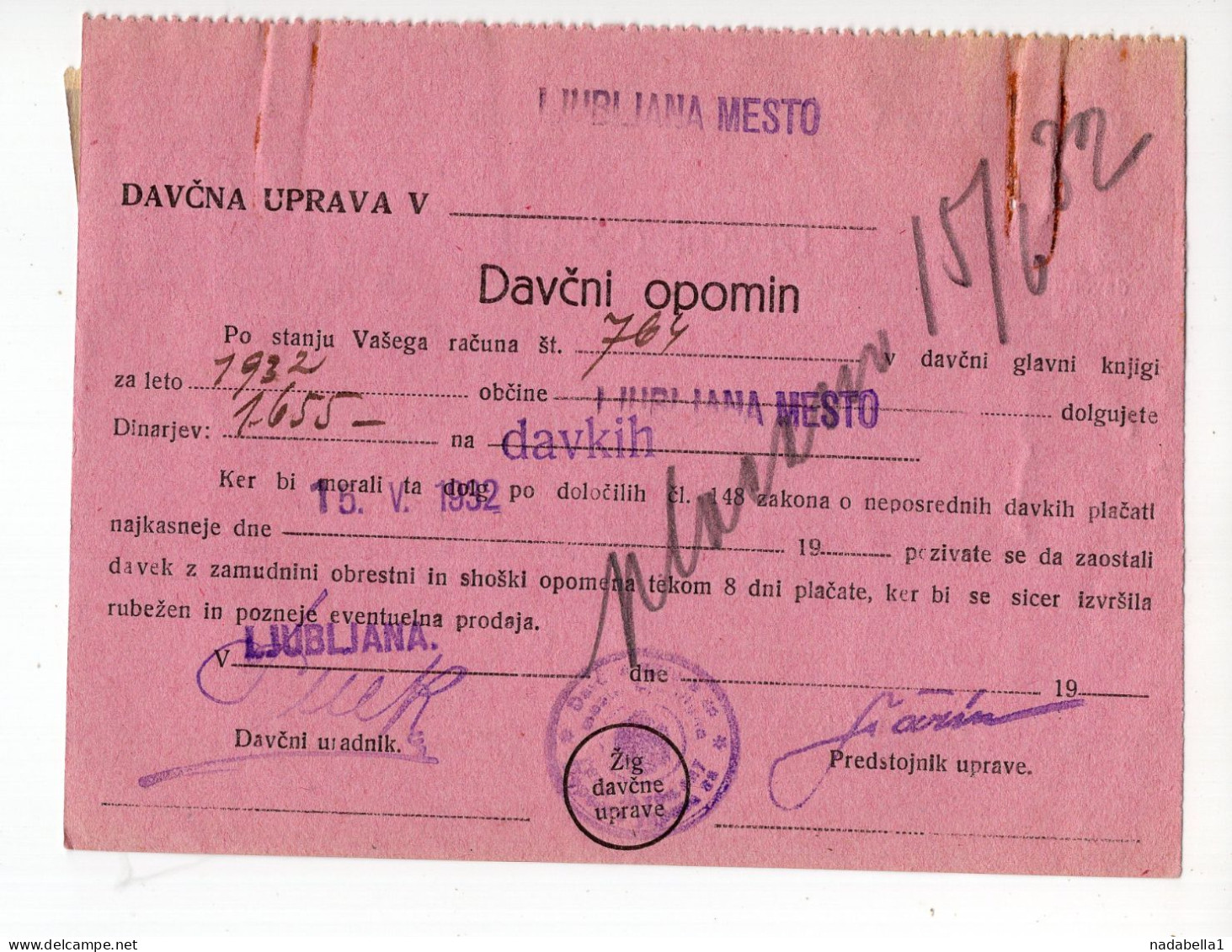 1932. KINGDOM OF YUGOSLAVIA,SLOVENIA,LJUBLJANA,TAX OFFICE PAYMENT REMINDER,POSTAGE DUE - Timbres-taxe