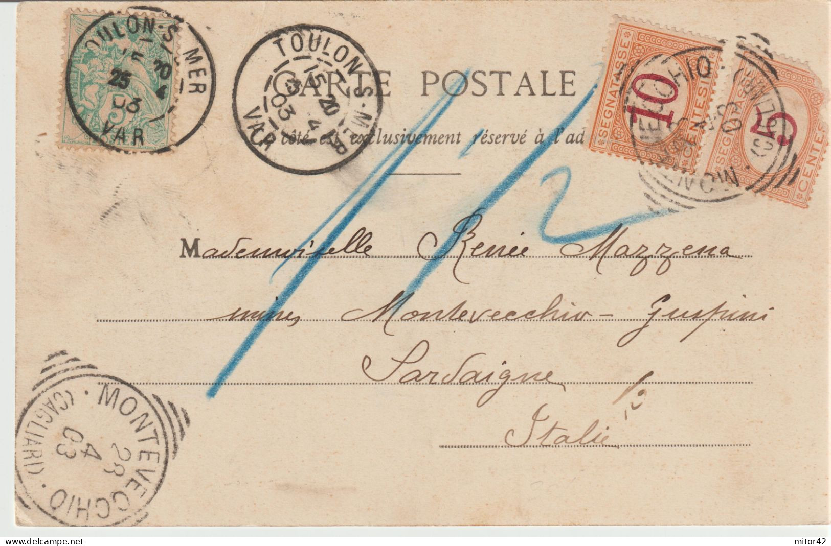 2*-Tassate-Segnatasse-Tassata Da Estero: Francia X L' Italia: Montevecchio Guspini-Sardegna-1903. - Strafport