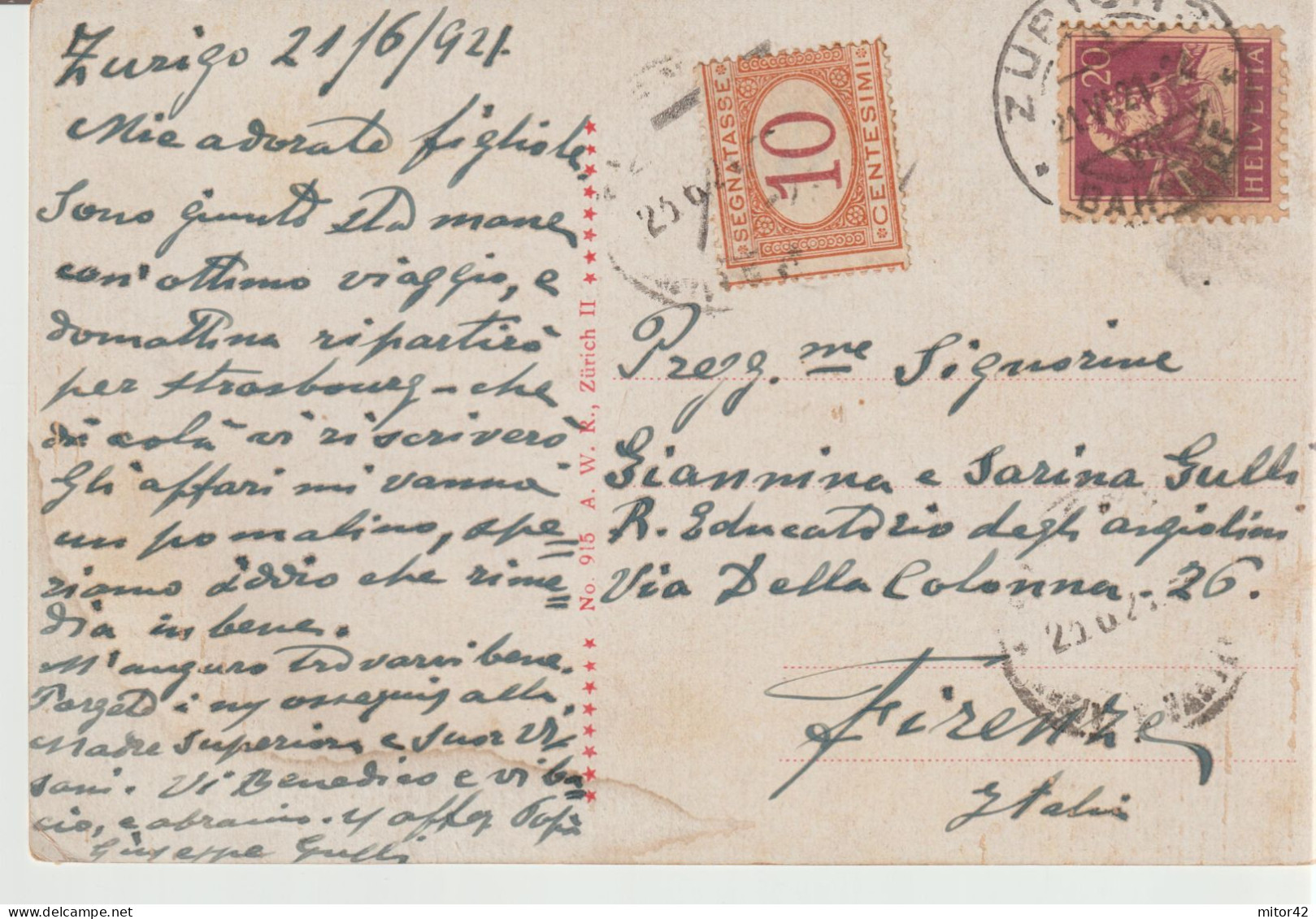 11*-Tassate-Segnatasse-Tassata Da Estero:Svizzera X L' Italia: Firenze-Cartolina Di Zurigo-1921 - Postage Due