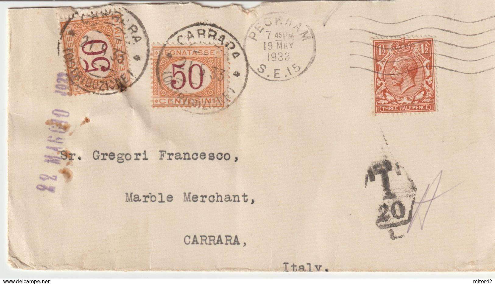 14*-Tassate-Segnatasse-Tassata Da Estero:Regno Unito X L' Italia: Carrara-1933 - Strafport