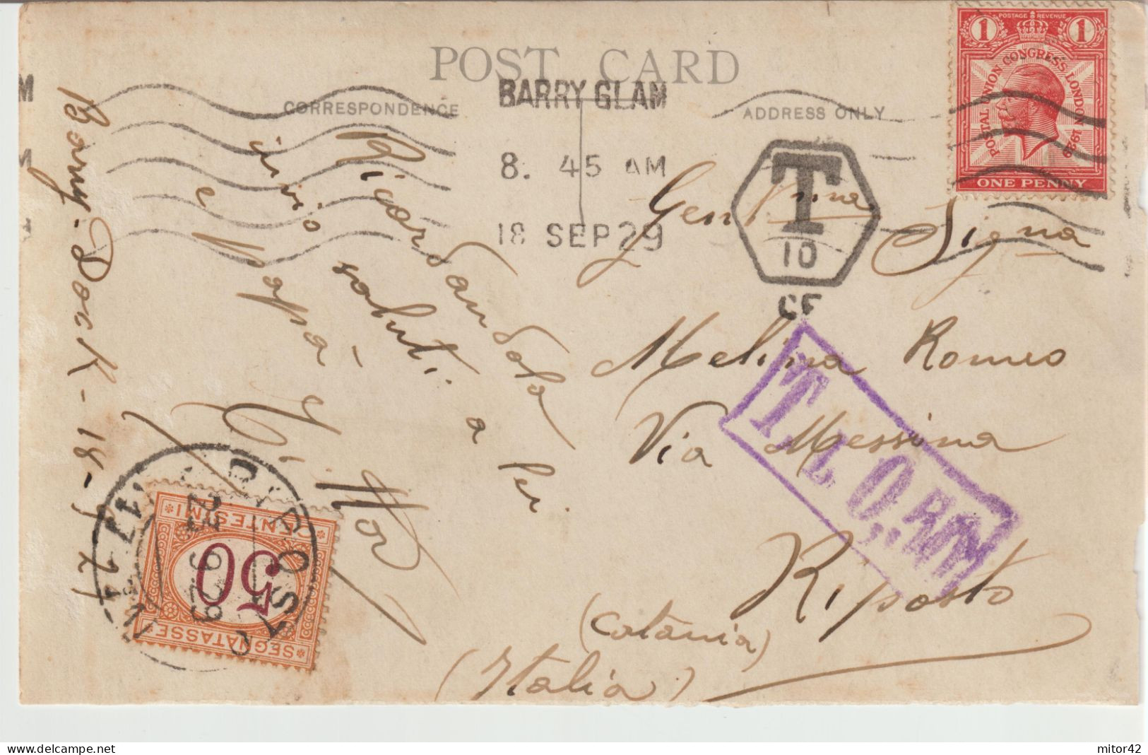 15*-Tassate-Segnatasse-Tassata Da Estero: Regno Unito X L' Italia: Riposto-1929 - Postage Due