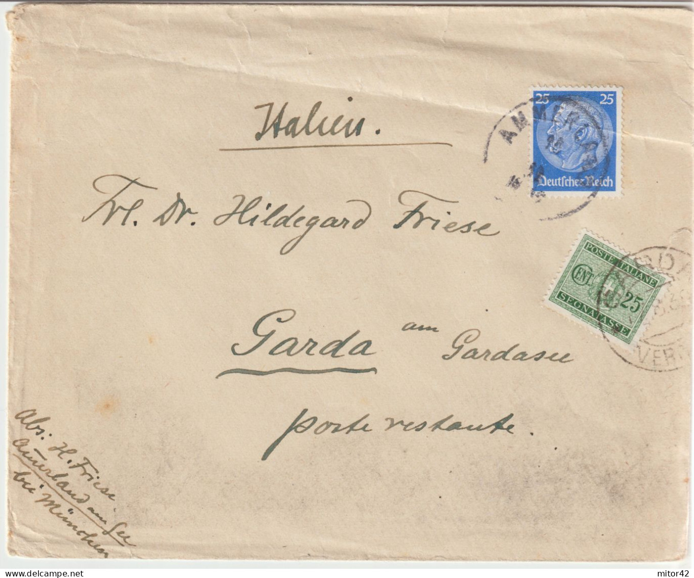 12*-Tassate-Segnatasse-Tassata Da Estero: Germania X L' Italia:Garda POSTE RESTANTE -1939 - Postage Due