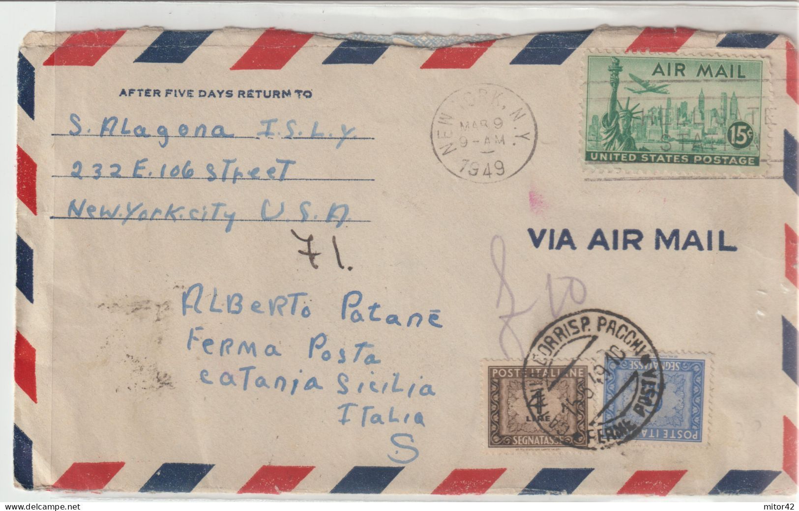 0*-Tassate-Segnatasse-Tassata Da Estero: U.S.A X Italia-Aerogramma X FERMO POSTA Catania-Tasse L.4L.+5L. - Postage Due