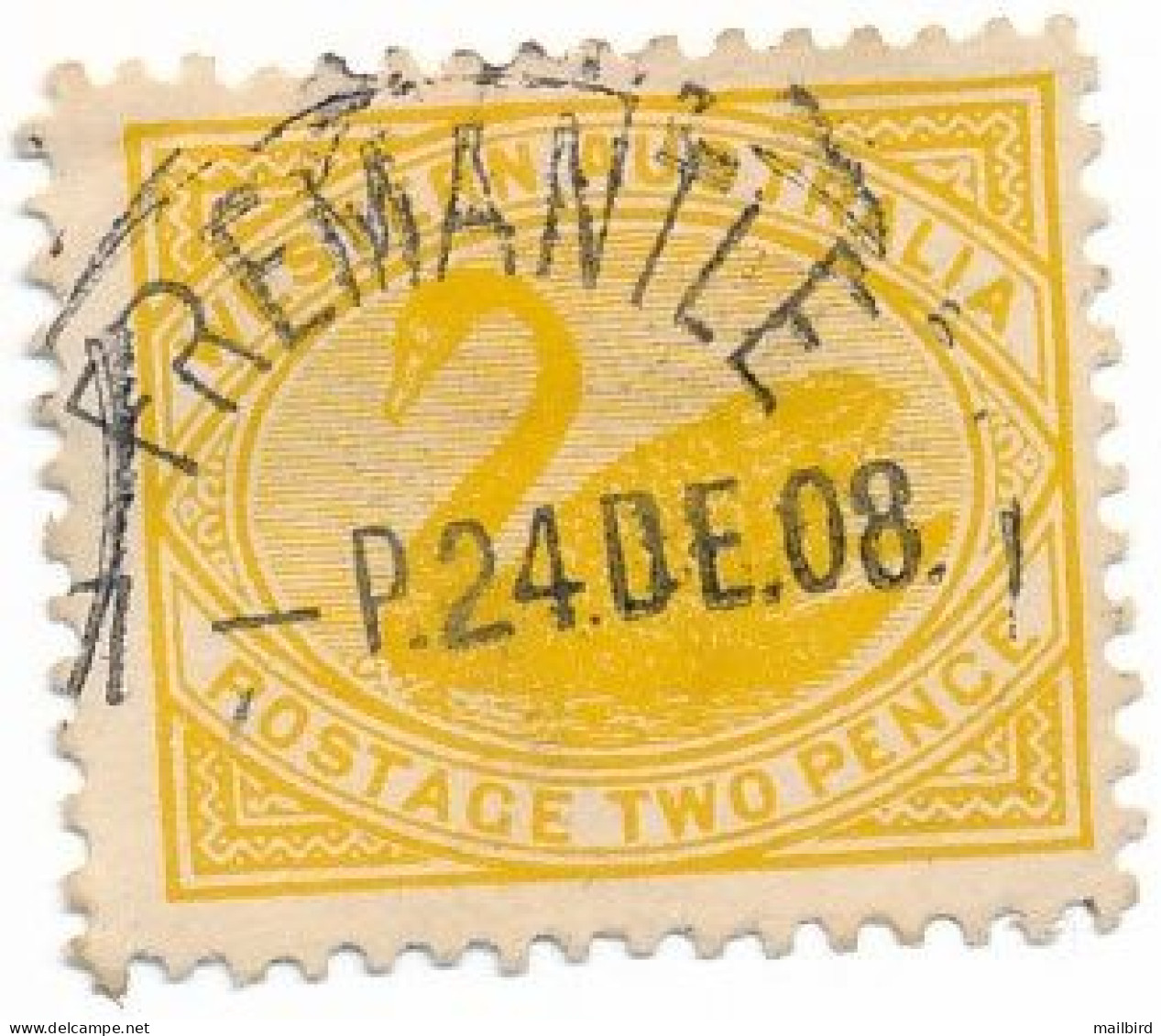 WA -  WESTERN AUSTRALIA - SG118 1903 2D YELLOW TWO PENCE SWAN - FREMANTLE Stamped On 24 December 1908 - Oblitérés